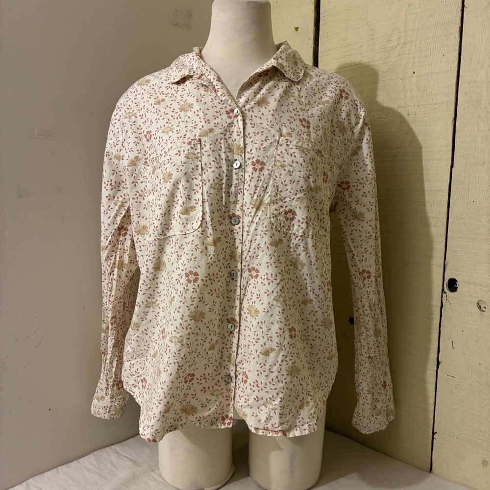 Coyuchi Womens Medium Organic Cotton Floral Button Down Shirt Long Sleeve Cream